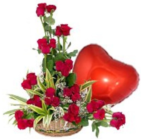 Red Balloon in the Shape of a Heart and a Bouquet of 36 Red Roses